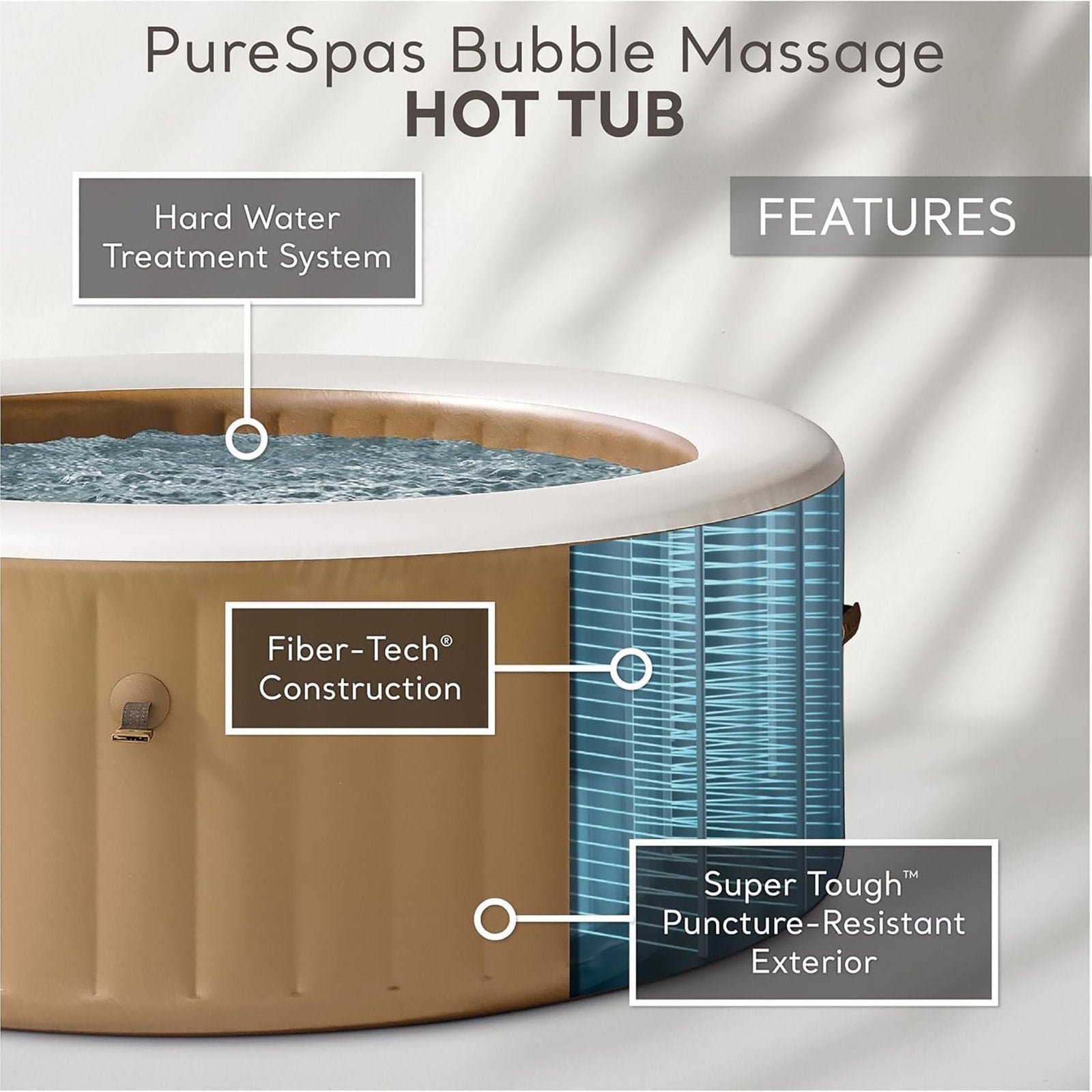 2b36895d-a764-467b-b598-29853313112a.32fc70210db08d7de45e45113370618c.jpg Intex: PureSpa: Sahara Tan Inflatable Hot Tub Set – 6 Person – 85″ Round Outdoor Heated Bubble Spa, Jet Massage, Cover, Hard Water Treatment System - Image 1